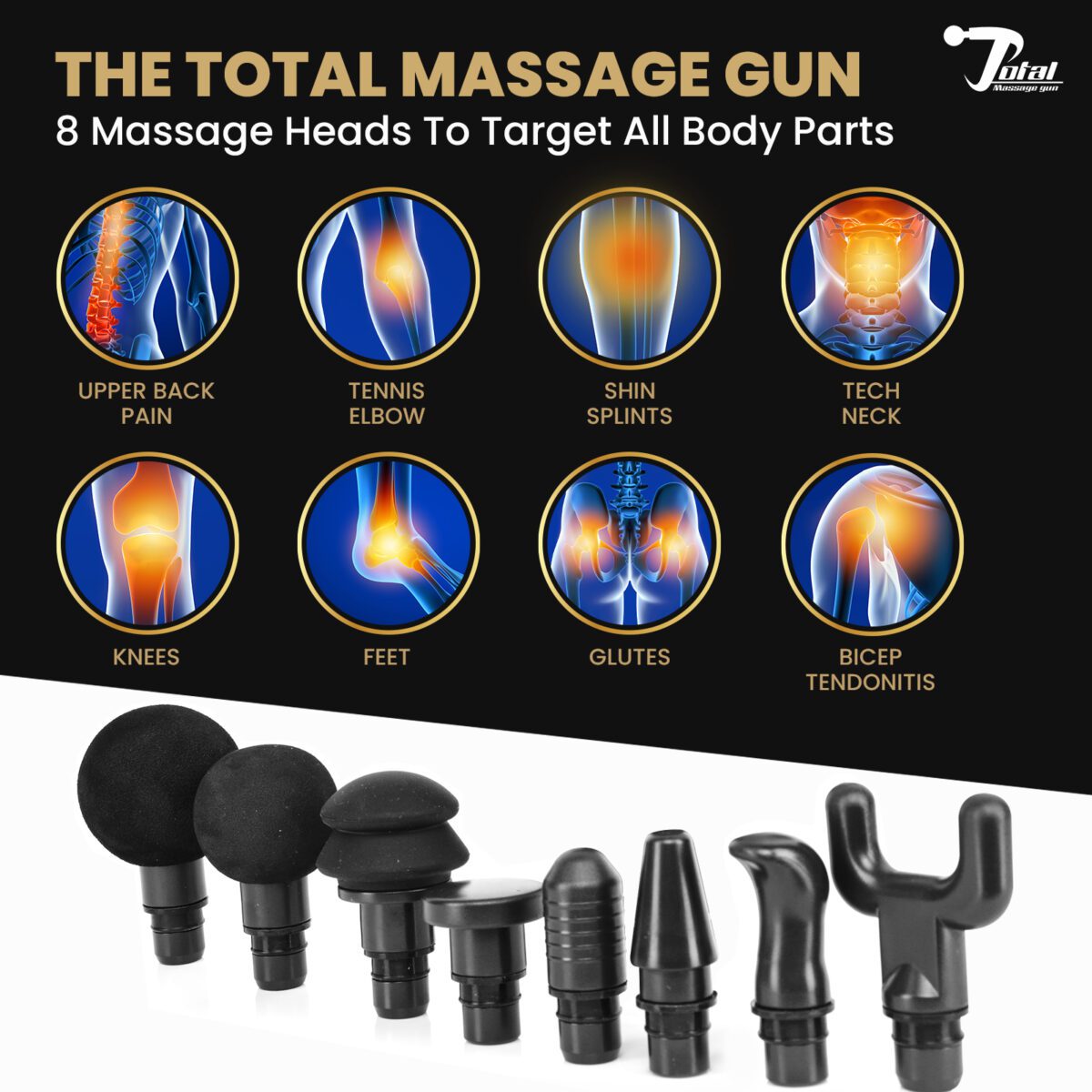 Total Massage Gun Black, Deep Tissue Muscle Massager, 8 Attachments Back  Neck Foot Knees - Total Massage Gun